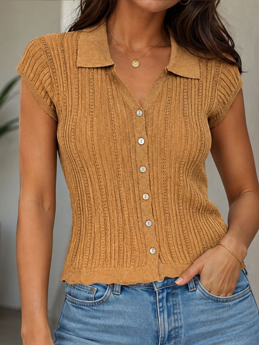ModaFesta -Womens Knit Top Cap Sleeves Collared Slim FitV Neck